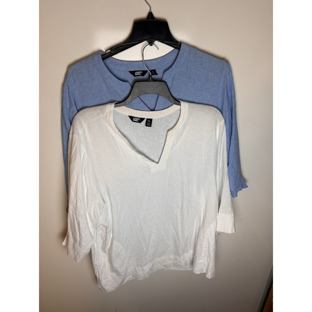 Lands End Lot Of 2 Tunic Blouse Womens Size XXL 3/4 Sleeve V Neck Linen Pockets